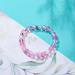 女性用合成ムーンストーンと真鍮のビーズ ストレッチ ブレスレット  ピンク  内径：2-1/4インチ（5.6cm）&nbsp;BJEW-JB08845