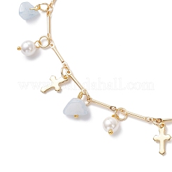 3Pcs 3 Styles Natural Aquamarine & White Moonstone & Green Aventurine Chip & Round Shell Pearl Cross Tassel Anklets&nbsp;AJEW-AN00716