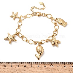 304ステンレススチールチャームブレスレット  ヒトデ＆魚  ゴールドカラー  7-3/4インチ（19.8cm）&nbsp;BJEW-P368-08B-G