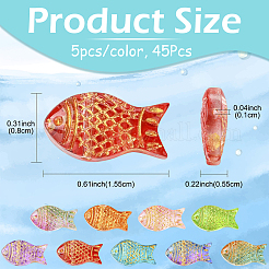 45色電気メッキ透明ガラスビーズ9個。  ゴールドライン入り  魚  ミックスカラー  8x15.5x5.5mm  穴：1mm  5個/カラー&nbsp;EGLA-YW0005-62