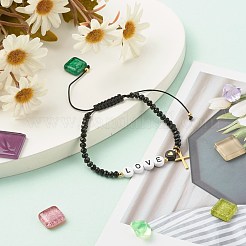 女の子の女性のためのハート編みビーズブレスレットが大好き  アクリル&天然マレーシアジェイド(染め)ビーズエナジーブレスレット  クロス 304 ステンレススチール チャーム ブレスレット  ゴールドカラー  ブラック  内径：2-1/4インチ（5.6~9cm）&nbsp;BJEW-JB06959-02