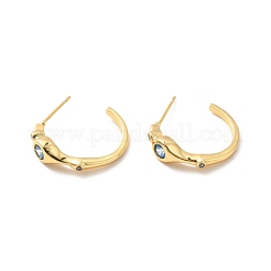 キュービックジルコニアC字型スタッドピアス  女性用真鍮ハーフフープピアス  鉛フリー＆カドミウムフリー＆ニッケルフリー  18KGP本金メッキ  ブルー  19.5x21mm  ピン：0.7mm&nbsp;EJEW-F281-30B-G