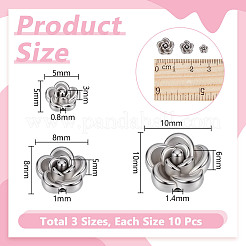 30個 3スタイル 304ステンレススチールビーズ  ローズ  ステンレス鋼色  5~10x5~10x3~6mm  穴：0.8~1.4mm  10個/スタイル&nbsp;STAS-UN0064-71P