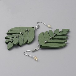 木の葉のぶら下がりイヤリング  鉄ピン付きロングドロップイヤリング  ダークシーグリーン  80x38mm&nbsp;EJEW-WH0010-25P-01