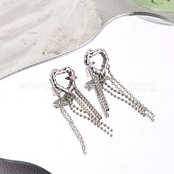 クリスタル ラインストーン ハート タッセル ダングル スタッド イヤリング  女性用真鍮ドロップピアス  プラチナ  48x12.6mm  ピン：0.9mm&nbsp;JE1029A