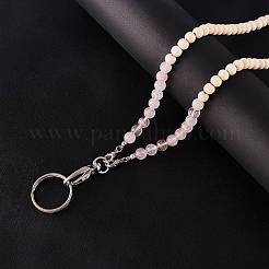 Natural Rose Quartz & Wood Beaded Name Card Holder&nbsp;HJEW-SW00016-02
