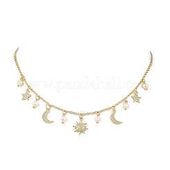 Brass Micro Pave Clear Cubic Zirconia Moon Star Sun Pendant Cable Chain Necklaces with Natural Pearl Beads for Women&nbsp;NJEW-JN06233
