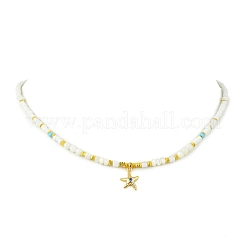 Ocean Brass Pave Clear Cubic Zirconia Sea Animals Pendant Natural Shell and Glass Seed Beaded Necklaces for Women&nbsp;NJEW-JN06345