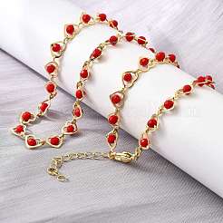 Brass & Red Faceted Glass Heart Link Chain Necklaces for Women&nbsp;NJEW-D314-05G