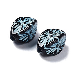 黒の不透明なアクリルビーズ  ライン入り  花模様のカーネル  淡いターコイズ  13.5x7x7mm  穴：1.8mm  約1190個/500g&nbsp;OACR-G016-29A
