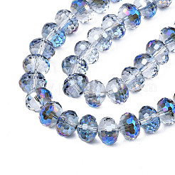 電気メッキ透明ガラスビーズ連売り  多面カット  ロンデル  ミディアムブルー  10x7.5mm  穴：1.4mm  約68~70個/連  20.07~20.86インチ（51~53cm）&nbsp;EGLA-N002-16-B01