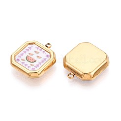 プリントスタイルの304ステンレススチールスクエア、花のペンダント付き  イオンプレーティング（ip）  プラム  18x15.5x4mm  穴：1.5~1.6mm&nbsp;STAS-T071-24A-G
