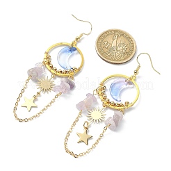 ムーン＆サン＆スター合金シャンデリアピアス  天然アメジストチップのロングドロップイヤリング  ゴールドカラー  85.5~87.5x25mm&nbsp;EJEW-TA00294