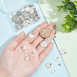 50個 5スタイル 304 & 201 ステンレススチール フラットラウンドタグチャーム  丸カン付き  ステンレス鋼色  6~15x0.8~1mm  穴：4~5mm  10個/スタイル&nbsp;STAS-NB0001-93