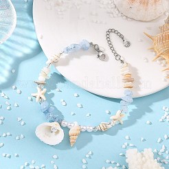 海の天然貝殻チャームアンクレット  合成ターコイズヒトデとミックスストーンチップビーズのアンクレット（女性用）  ステンレス鋼色  染めと未染色の混合  8-3/4インチ（223mm）&nbsp;AJEW-AN00839