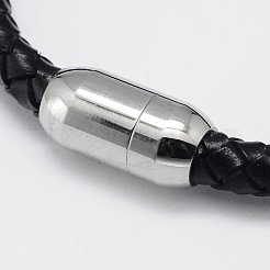 編み込みレザーコードブレスレット  304ステンレススチール製マグネット留め具付き  ブラック  200x6mm&nbsp;BJEW-I199-05