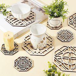 8Pcs 4 Style Octagon Wooden Carved Cup Mats&nbsp;WOOD-FH0001-97