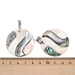 天然アワビ貝、黒蝶貝、ピンク貝のペンダント  ステンレススチール製のベールスナップ付き  ステンレス鋼色  フラットラウンド  38x3mm  穴：5.5x3.5mm&nbsp;SSHEL-B003-06P-03