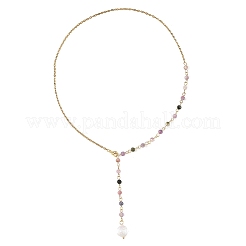 304 Stainless Steel Natural Multicolor Tourmaline Faceted Round Beaded Chain Lariat Necklaces&nbsp;NJEW-JN06588