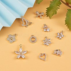10個10スタイルラックメッキ真鍮キュービックジルコニアチャーム  長持ちメッキ  花  ライトゴールド  10~21x8.5~19.5x2~5mm  穴：1.2~1.8mm  1個/スタイル&nbsp;ZIRC-SZ0002-25