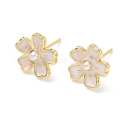 Flower Brass & ABS Plastic Pearl Stud Earrings&nbsp;EJEW-P336-07G-01