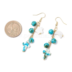 304 Stainless Steel Synthetic Turquoise Cross with Moon & Star Dangle Earrings&nbsp;EJEW-JE06516-02
