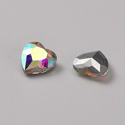 ガラスラインストーンカボション  多面カット  尖ったバック＆バックメッキ  ハート  クリスタルAB  12x12x5mm&nbsp;RGLA-WH0005-08A