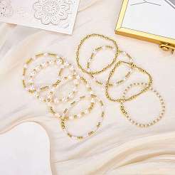 2個 2スタイル ABSプラスチック模造真珠＆シェルパール＆真鍮ビーズブレスレット  女性用ストレッチブレスレット  ゴールドカラー  周囲：6-7/8~7-1/8インチ（17.5~18cm）&nbsp;BJEW-SW01606