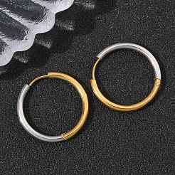 304ステンレススチールツートンフープピアス  イオンプレーティング（ip）  18KGP本金メッキ＆ステンレススチールカラー  リング  25x2.5mm&nbsp;EJEW-P313-02F-G