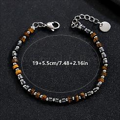 Natural Tiger Eye Heishi Beaded Bracelets with 201 Stainless Steel End Chains&nbsp;OQ4301-1