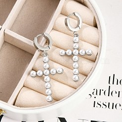 304ステンレススチールフープピアス  女性用プラスチック模造真珠付き  クロス  ステンレス鋼色  51x23.5mm&nbsp;EJEW-A119-08P