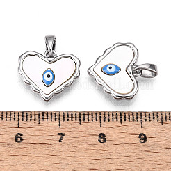 真鍮パヴェ天然シェルハートペンダント  ドジャーブルーエナメルイーブルアイチャーム  プラチナ  13.5x15.5x3mm  穴：5x2mm&nbsp;KK-N258-07P