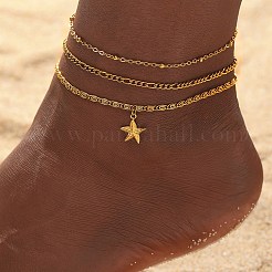 Summer Beach 304 Stainless Steel Starfish Charms 3 Layer Anklets for Women&nbsp;AJEW-F068-01G