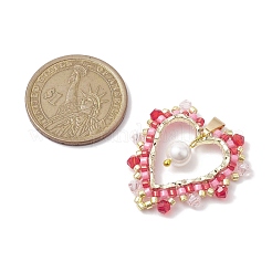 シードグラス＆シェルパールペンダント  304ステンレススチール製金具付き  ハート  ゴールドカラー  クリムゾン  35x30x6.5mm  穴：5.5x3mm&nbsp;PALLOY-MZ00235