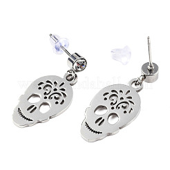 201 ステンレススチール ダングル スタッド イヤリング  クリアキュービックジルコニア  スカル  ステンレス鋼色  24mm  ピン：0.8mm&nbsp;EJEW-T008-JN734