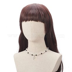 合金十字架クロス ペンダント ネックレス  女性のための天然の溶岩石と貝殻の真珠ビーズ チェーン ネックレス  ホワイト  17.05インチ（43.3cm）&nbsp;NJEW-TA00058