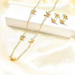 女性用バタフライ 304 ステンレススチールネックレス & スタッドピアスセット  イオンプレーティング（ip）  ゴールドカラー  15.75インチ（400mm）&nbsp;SJEW-C007-07G