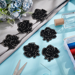 樹脂ラインストーンフラワーシェイプスパンコール刺繍布アイロンパッチ6個  マスクと衣装のアクセサリー  花  ブラック  60x57x4mm&nbsp;PATC-MA0001-09