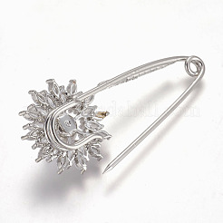 真鍮マイクロパヴェキュービックジルコニア安全ブローチ  アクリル模造パール付き  花  プラチナ  59.5x26mm  ピン：1.5mm&nbsp;JEWB-I010-09P