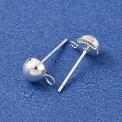 真鍮製スタッドピアスパーツ  カドミウムフリー＆鉛フリー  半円  カン付き  925銀メッキ  8x6mm  穴：1.4mm  ピン：12x0.8mm&nbsp;LS-KK-G604-01S-03