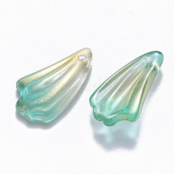ツートン透明スプレー塗装ガラスペンダント  グリッターパウダー付き  葉  ライムグリーン  20x11x4.5mm  穴：1mm&nbsp;GLAA-T016-24B
