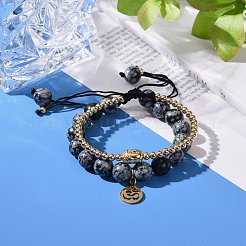 ラウンドナチュラルスノーフレークオブシディアン編組ベッドブレスレットセット  ブッダヘッド＆オムシンボルチャームブレスレット  仏教ジュエリー  18KGP本金メッキ  内径：2~3-1/4インチ（5~8.2cm）  2-1/8~3-1/2インチ（5.5~9cm）  2個/セット&nbsp;BJEW-JB07096