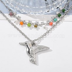 304ステンレススチールとカラフルなガラスビーズの二重層ネックレス  女性用鳥ペンダントネックレス  ステンレス鋼色  16.22インチ（41.2cm）&nbsp;NJEW-Z061-03P