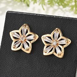 女性用フラワーブラスマイクロパヴェキュービックジルコニアスタッドピアス  カドミウムフリー＆鉛フリー  長持ちメッキ  ラックめっき  ゴールドカラー  透明  13.5x13.5mm&nbsp;EJEW-G428-28C-02