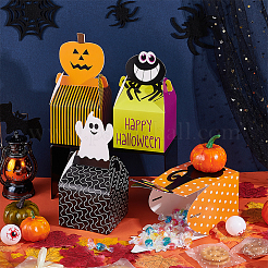 ハロウィンをテーマにした紙製キャンディボックス32個、4種類のスタイル  おばけ/猫/クモ/ポンピング模様の正方形  ミックスカラー  8.8x8.8x16~18.5cm  展開：26.5~27.3x18.1~18.4x0.08cm  8個/スタイル&nbsp;CON-BC0007-04