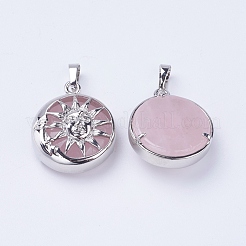 天然石ローズクォーツペンダント  真鍮パーツ  太陽とフラットラウンド  プラチナ  28x24x9~10mm  穴：5x7mm&nbsp;G-K234-C16