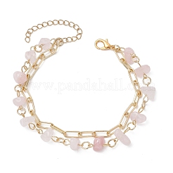 Natural Rose Quartz Chip Beads & Brass Paperclip Chain Multi-strand Bracelets for Women&nbsp;BJEW-JB12890-01