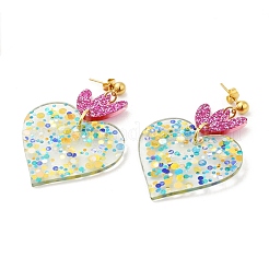 アクリル ハート ダングル スタッド ピアス  304ステンレススチールピン付きロングドロップイヤリング  ディープスカイブルー  61x39~40mm&nbsp;EJEW-F327-02A