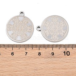 304ステンレスペンダント  フラットラウンド、花柄チャーム付き  ステンレス鋼色  25x21.5x2mm  穴：2mm&nbsp;SA-CBA404E-01A-06