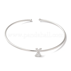 Rack Plating Brass Micro Pave Clear Cubic Zirconia Letter Open Cuff Bangles&nbsp;BJEW-A018-01P-X